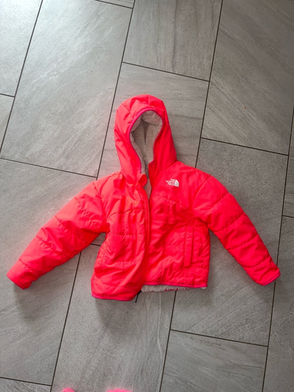 The North Face Girls' Bright Coral Hooded Puffer Jacket reversible